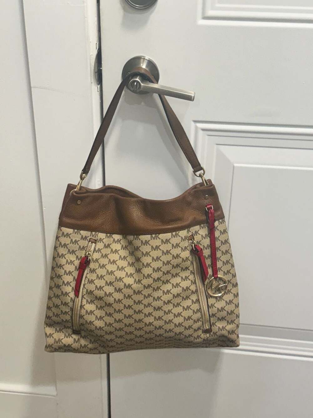 Michael Kors Lex Large Signature Logo Hobo Shoulder Bag Brown Red Leather